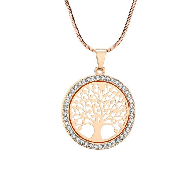 Gold Tree Crystal Round Pendant